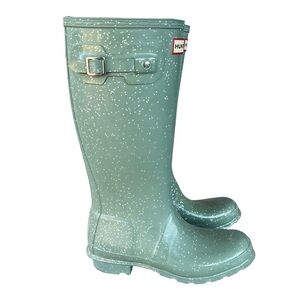 Hunter Boots Kids Original Giant Glitter Tall Rain Boots Wellies Green Size 5